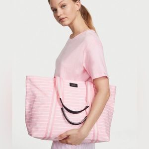 Victoria secret pink and white striped zipped weekender tote bag new 2023